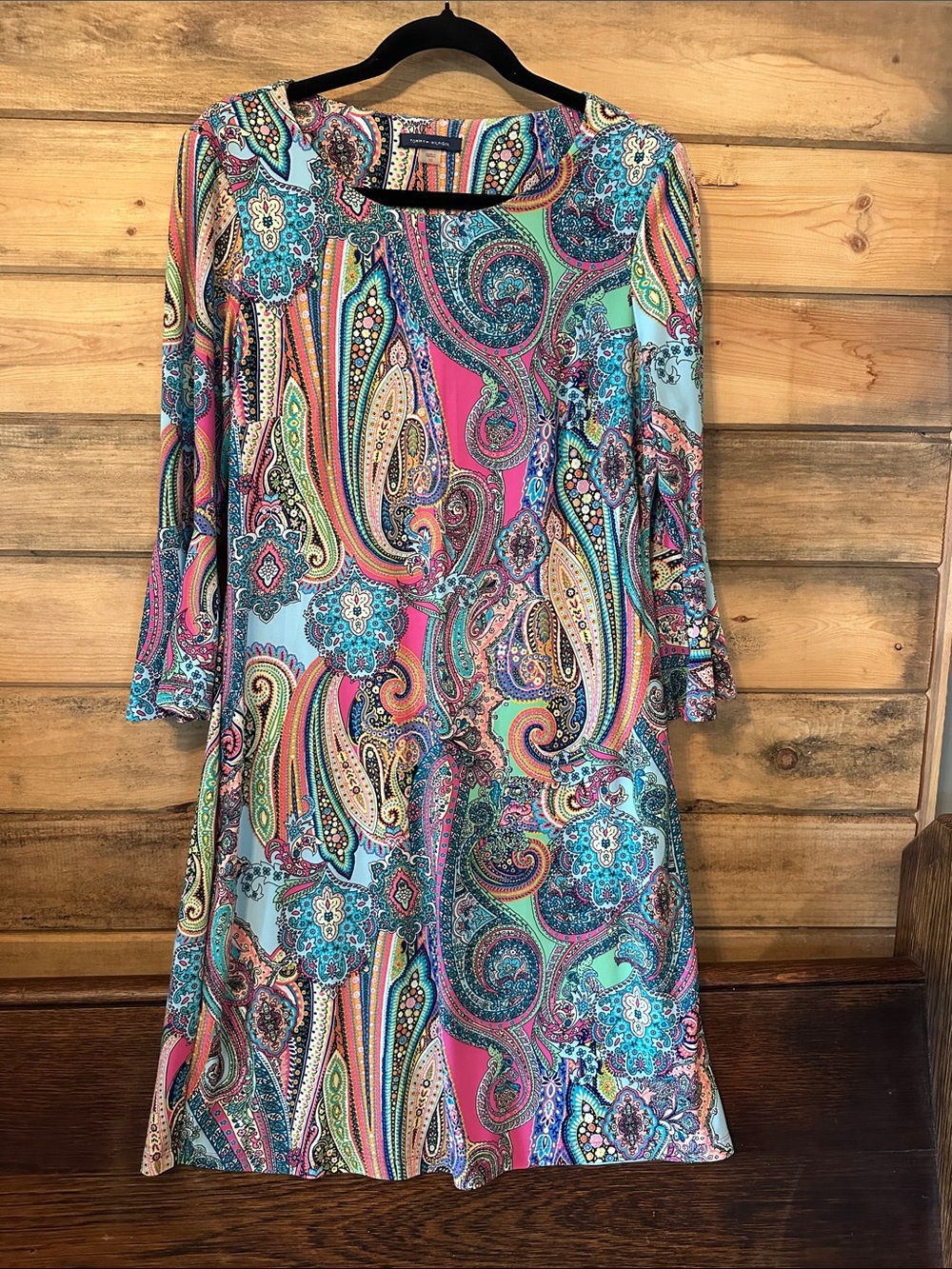 Tommy Hilfiger Teal Pink Paisley Long Sleeve Shift Dress
